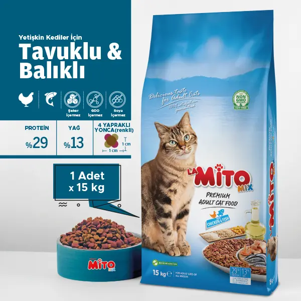 LaMito Mix Adult Cat Tavuklu ve Balıklı Renkli Taneli Yetişkin Kedi Maması