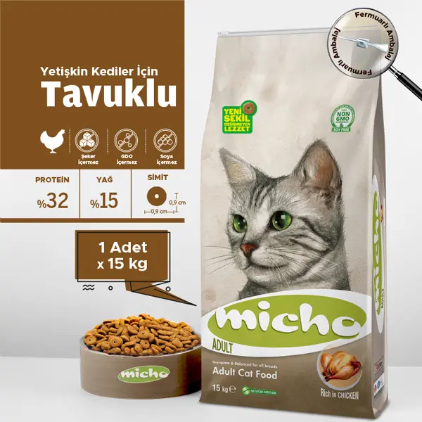 Micho Adult Cat Tavuklu (Hamsi ve Pirinç eşliğinde) Yetişkin Kedi Maması 15 kg