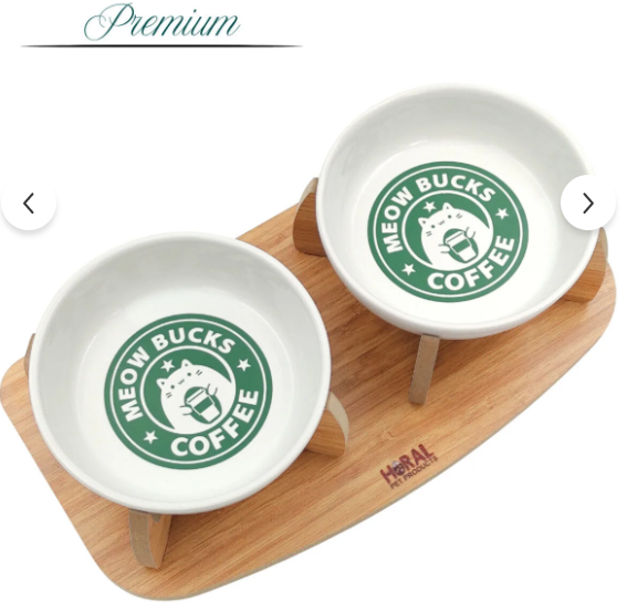 Kaydırmaz Tabanlı Seramik Kaseli Ahşap Mama Ve Su Kabı – Meow Bucks Coffee 250mlx2