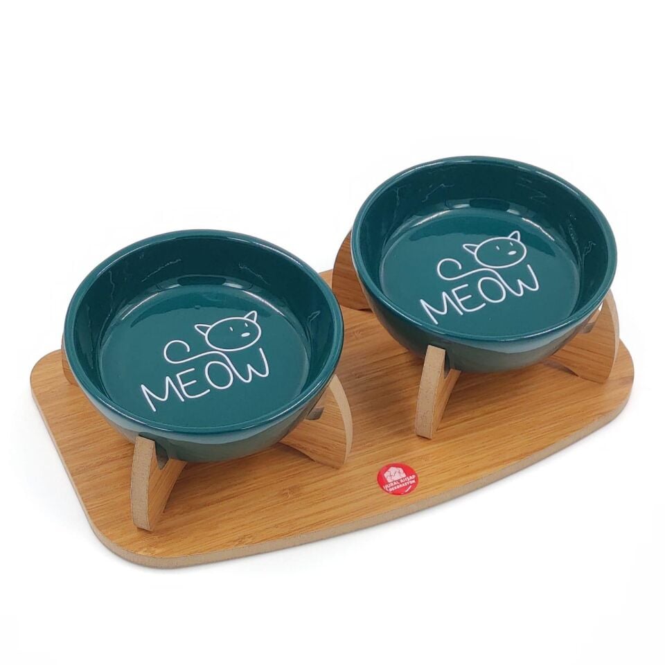 Kaydırmaz Tabanlı Seramik Kaseli Ahşap Mama Ve Su Kabı 250 ml x2