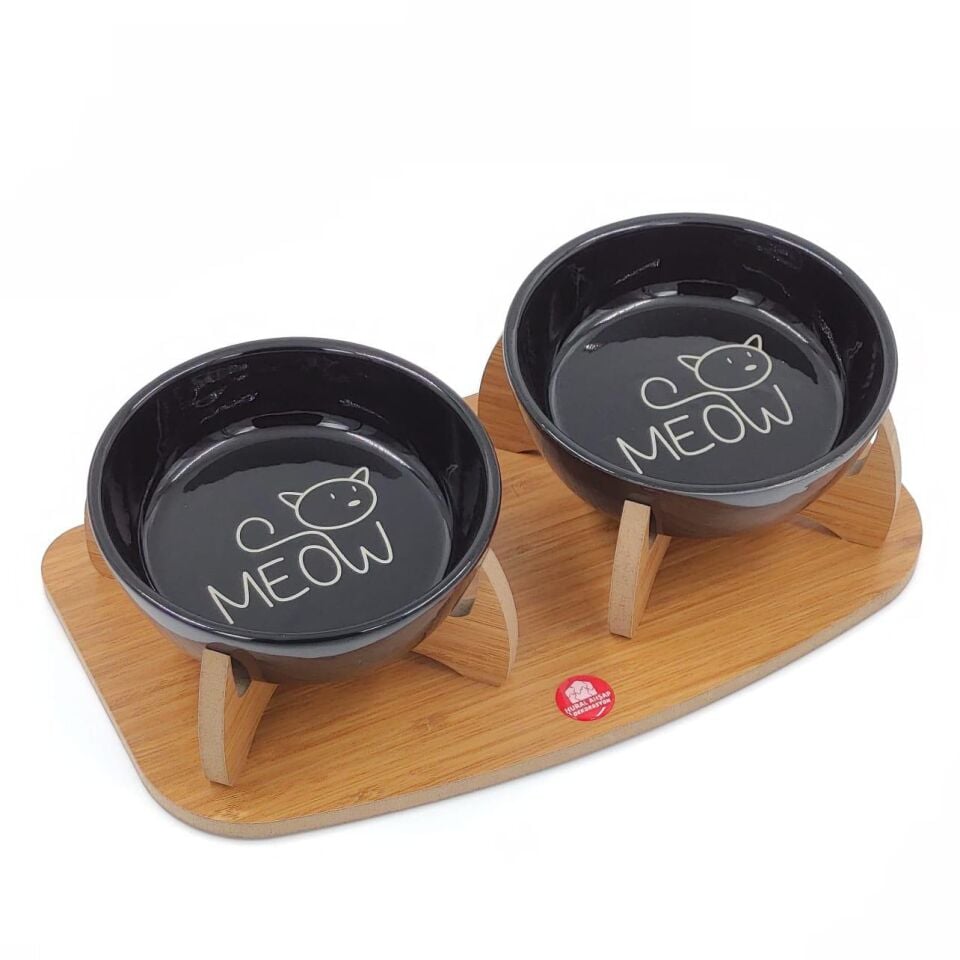 Kaydırmaz Tabanlı Seramik Kaseli Ahşap Mama Ve Su Kabı 250 ml x2