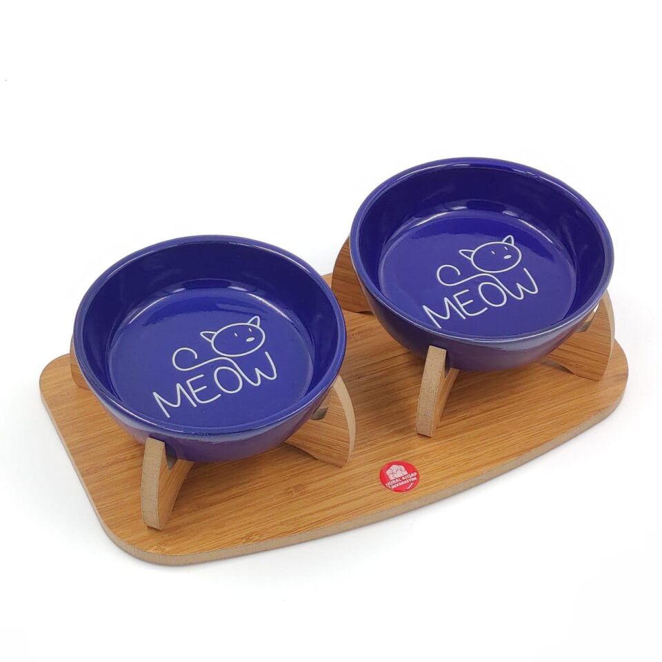 Kaydırmaz Tabanlı Seramik Kaseli Ahşap Mama Ve Su Kabı 250 ml x2