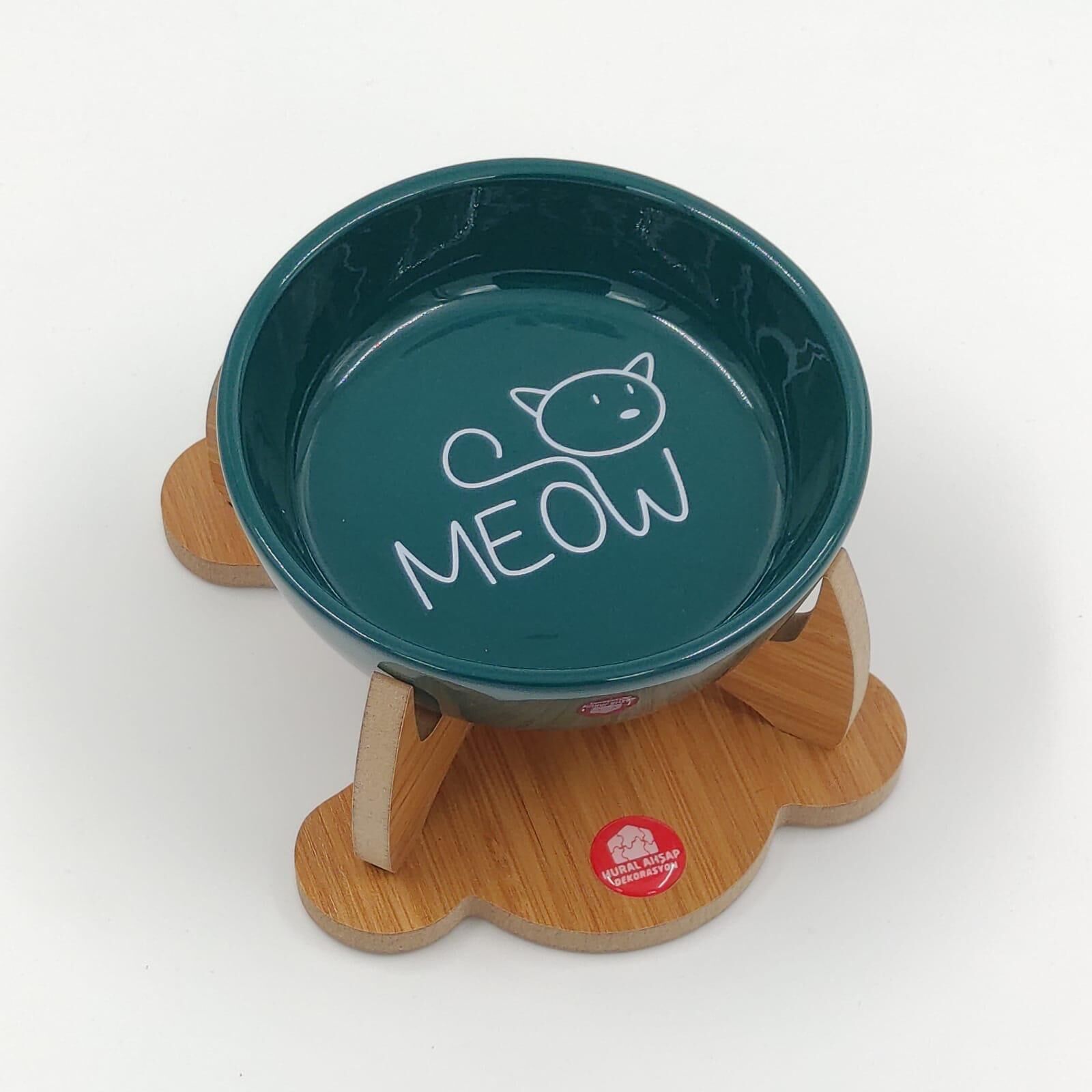 Kaydırmaz Tabanlı Seramik Kaseli Ahşap Mama Ve Su Kabı 200 ml