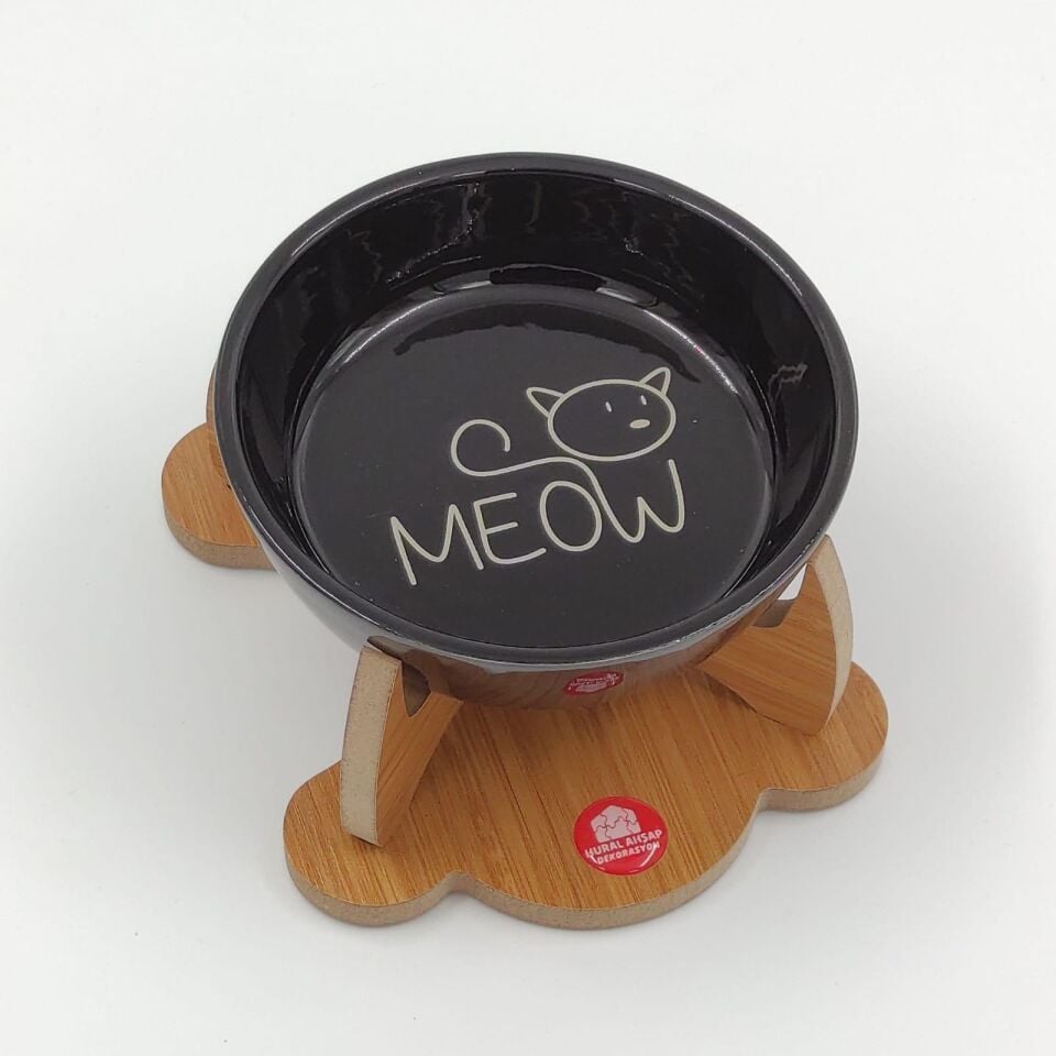 Kaydırmaz Tabanlı Seramik Kaseli Ahşap Mama Ve Su Kabı 250 ml