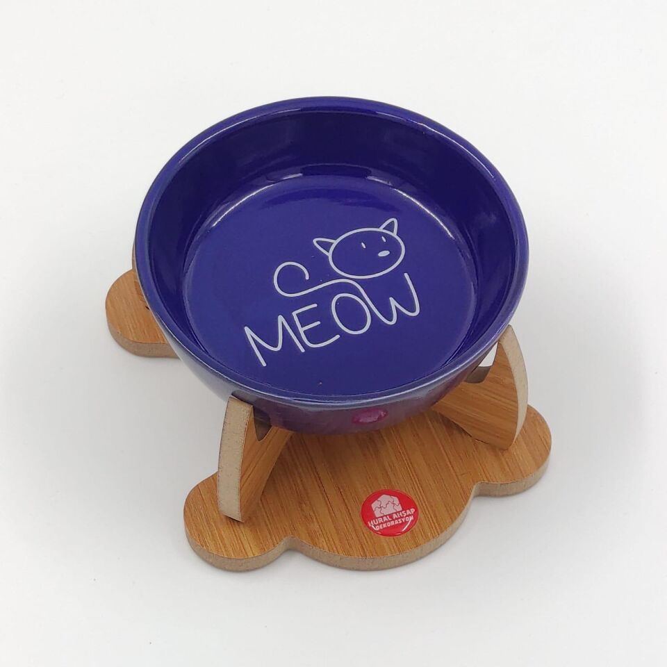 Kaydırmaz Tabanlı Seramik Kaseli Ahşap Mama Ve Su Kabı 250 ml