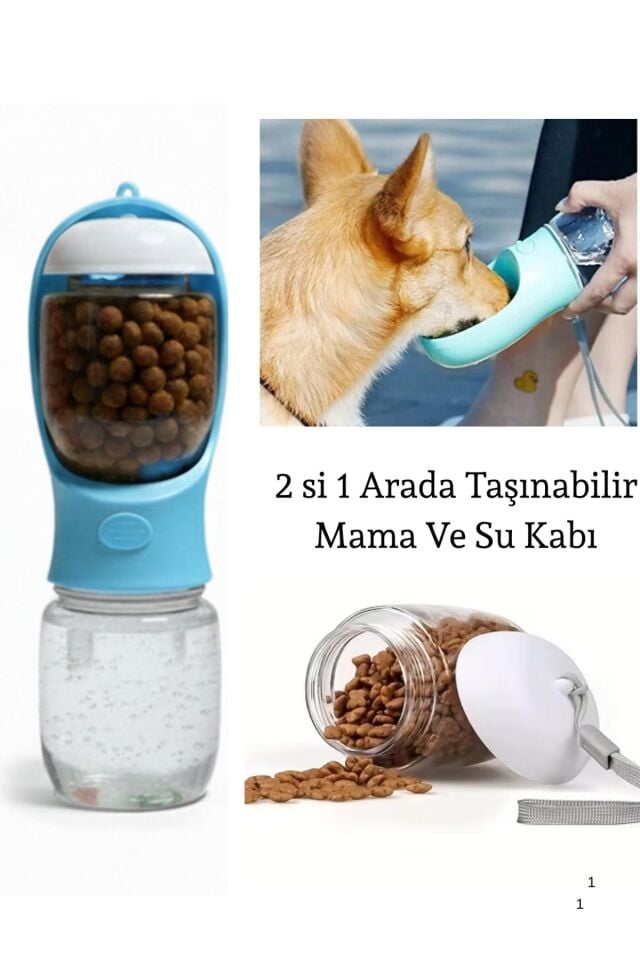 Taşınabilir Kedi Köpek Suluğu 350 mL su 180 ml mama Seyahat Su Şişesi Mama Kaseli