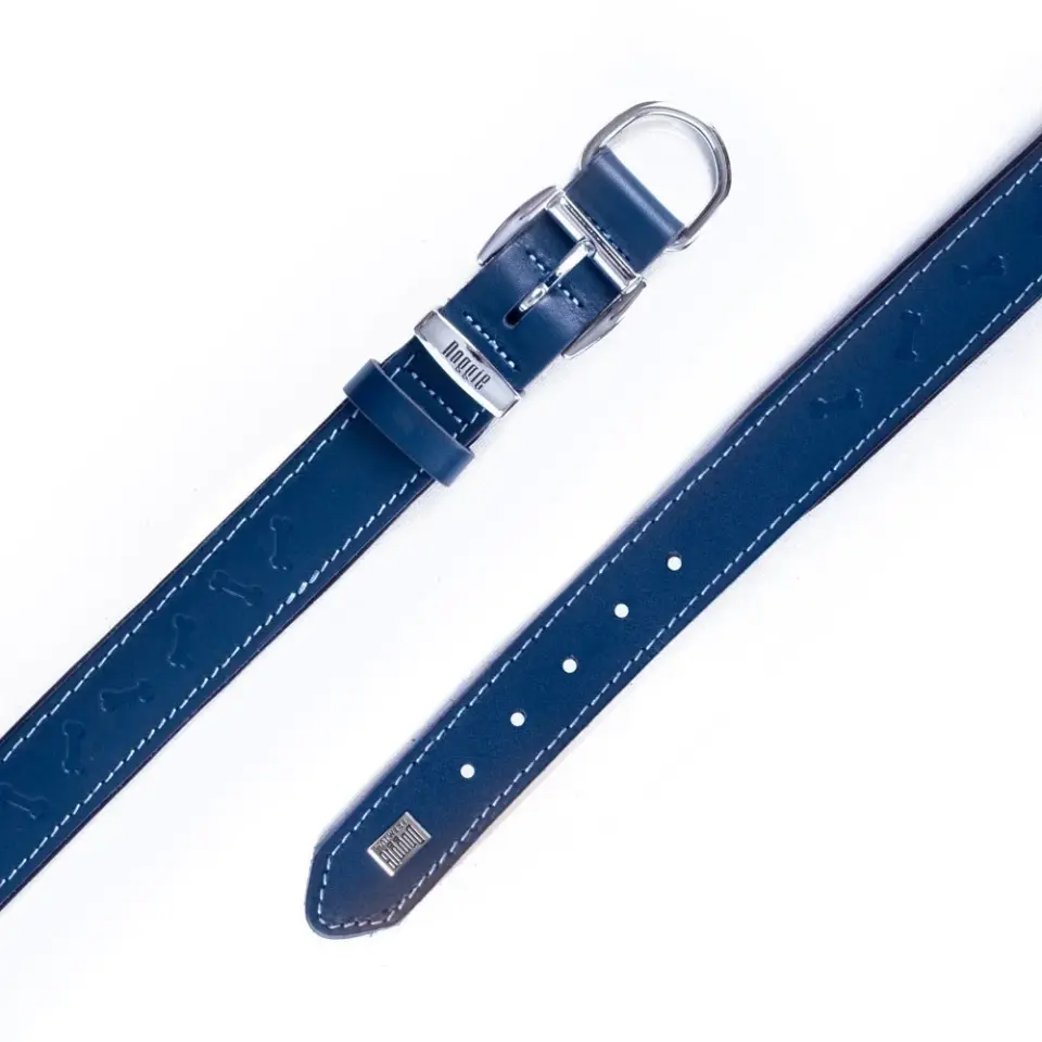 Doggie Konforlu Gerçek Deriden El Yapımı Kemik Desenli Köpek Boyun Tasması 4x57-65cm - Royal Blue