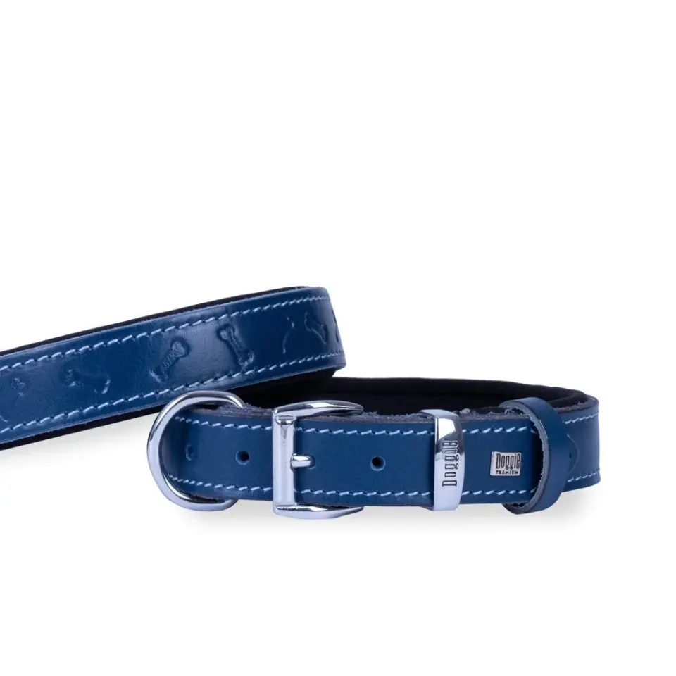 Doggie Konforlu Gerçek Deriden El Yapımı Kemik Desenli Köpek Boyun Tasması 4x57-65cm - Royal Blue
