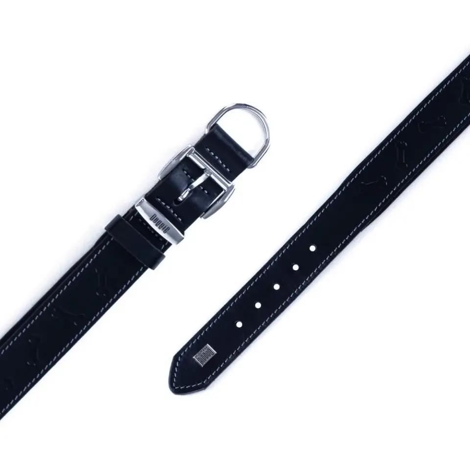 Doggie Konforlu Gerçek Deriden El Yapımı Kemik Desenli Köpek Boyun Tasması 4x52-60cm - Siyah