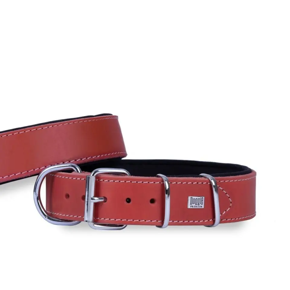 Doggie Çift Kat Gerçek Deriden El Yapımı Köpek Boyun Tasması 4x47-55cm - Kırmızı