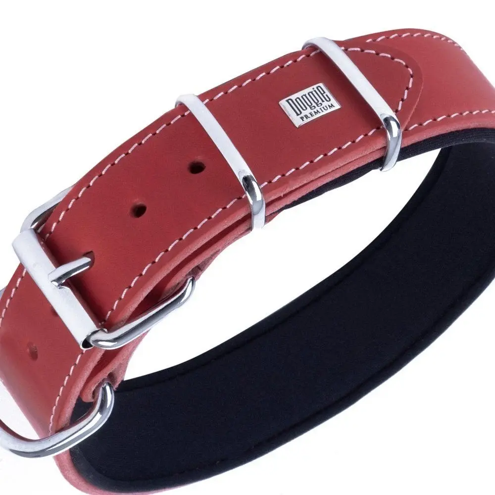 Doggie Çift Kat Gerçek Deriden El Yapımı Köpek Boyun Tasması 4x47-55cm - Kırmızı