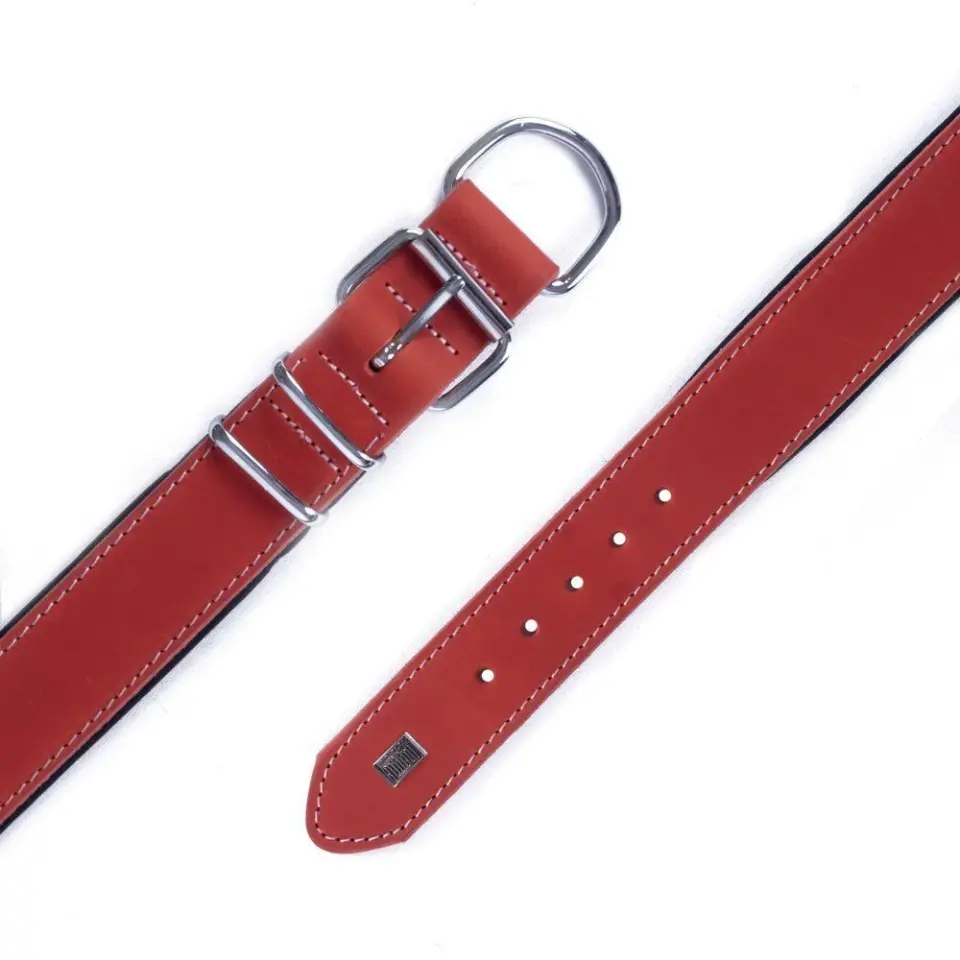 Doggie Çift Kat Gerçek Deriden El Yapımı Köpek Boyun Tasması 4x47-55cm - Kırmızı