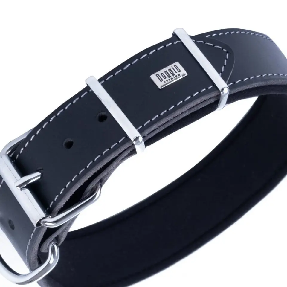Doggie Çift Kat Gerçek Deriden El Yapımı Köpek Boyun Tasması 4x52-60cm - Siyah
