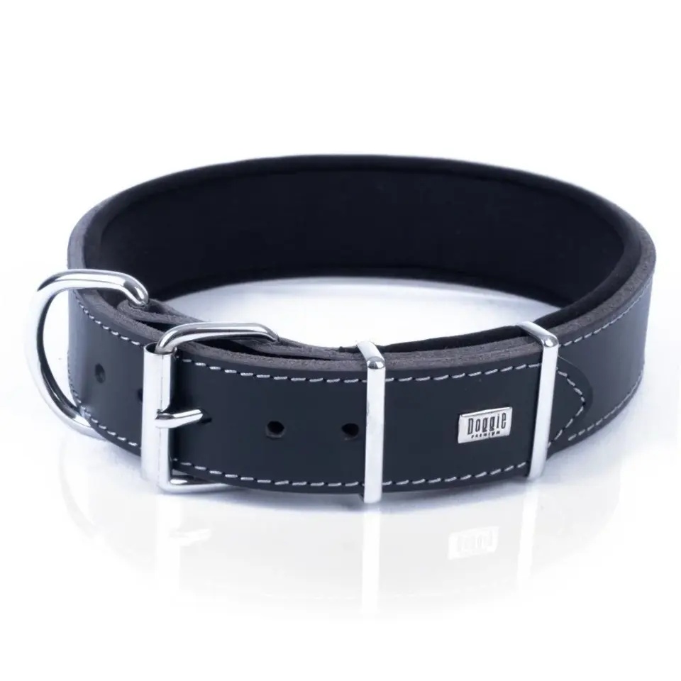 Doggie Çift Kat Gerçek Deriden El Yapımı Köpek Boyun Tasması 4x52-60cm - Siyah