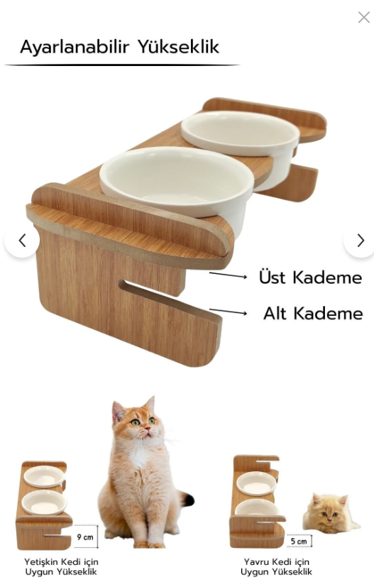 Yüksekliği Ayarlanabilir Seramik Kedive Köpek  Mama ve Su Kabı 300 ml x2