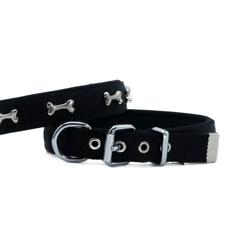 Doggie Konforlu Dokumadan El Yapımı Kemik Süslü Köpek Boyun Tasması 2x30-35cm - Siyah