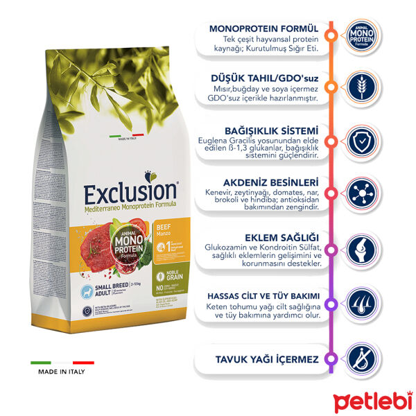 Exclusion Monoprotein Sığırlı ve Narlı Düşük Tahıllı Küçük Irk Yetişkin Köpek Maması 7kg