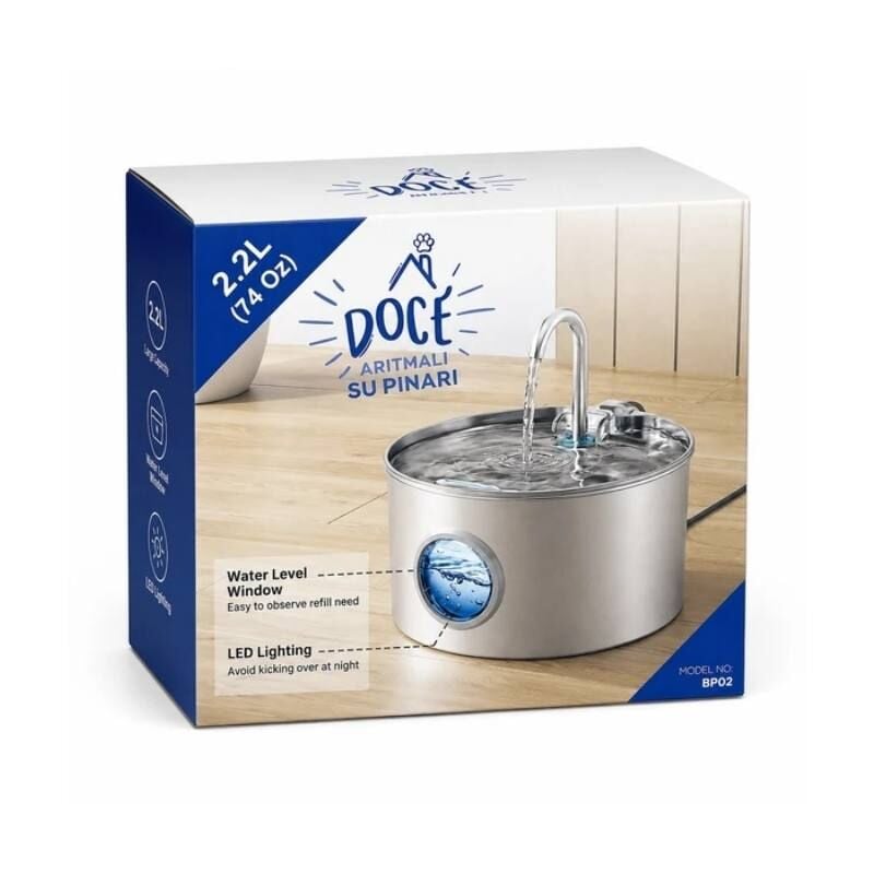 Doce Paslanmaz Çelik Arıtmalı Kedi Su Pınarı Ultra Sessiz 2.2 Lt