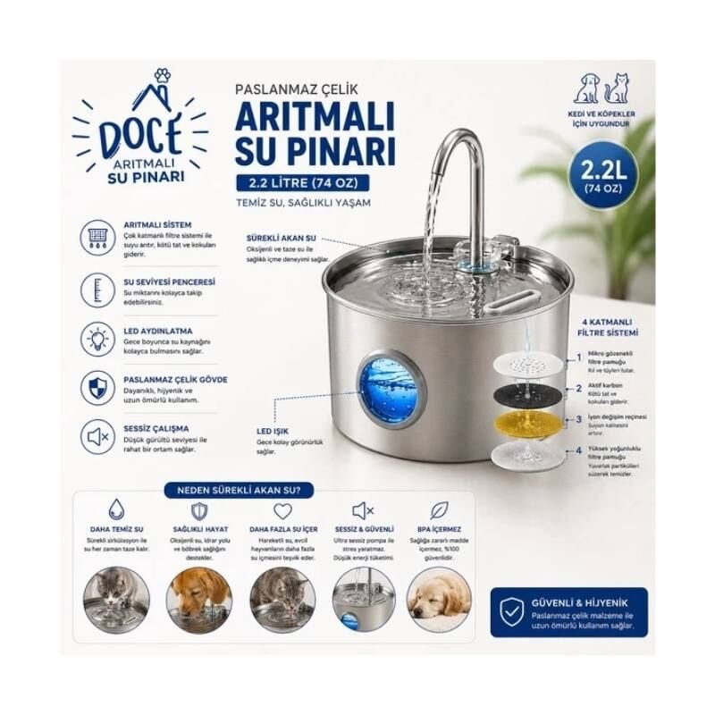 Doce Paslanmaz Çelik Arıtmalı Kedi Su Pınarı Ultra Sessiz 2.2 Lt