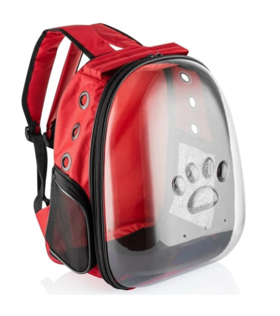 Şeffaf Astronot Kedi ve Köpek Taşıma Çantası Kırmızı (42 x 22 x 33 cm)