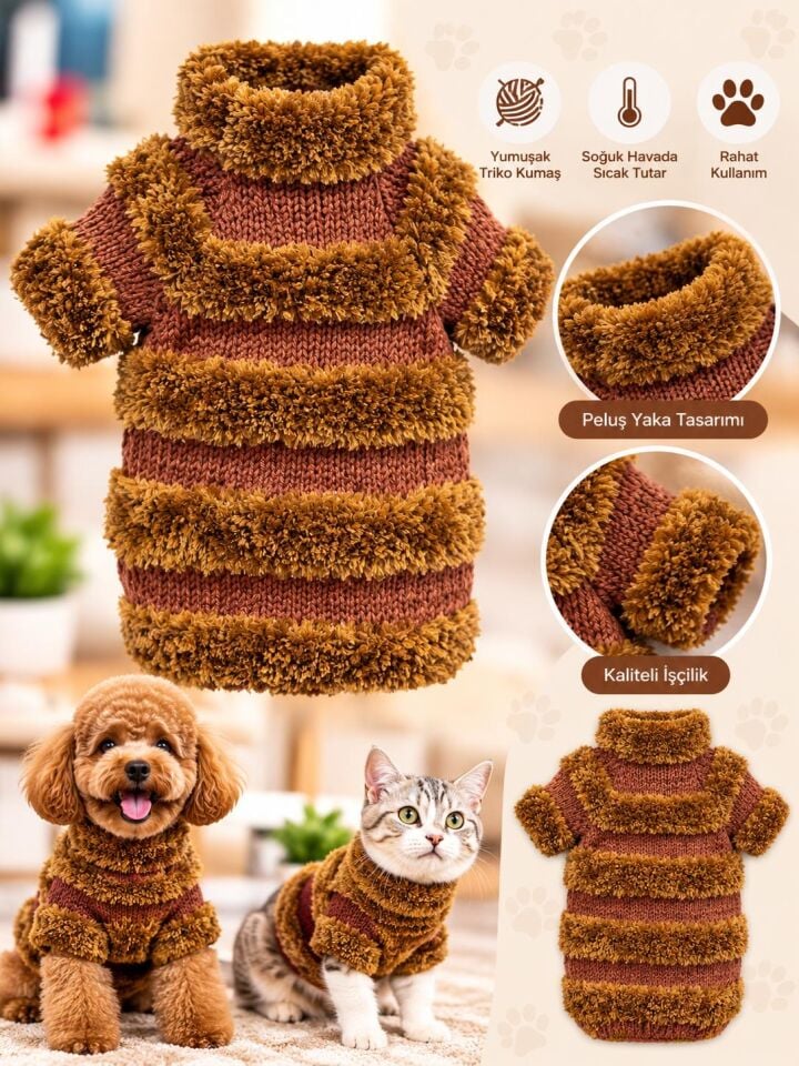 Peluş Şeritli Kışlık Köpek Kazağı – Kiremit