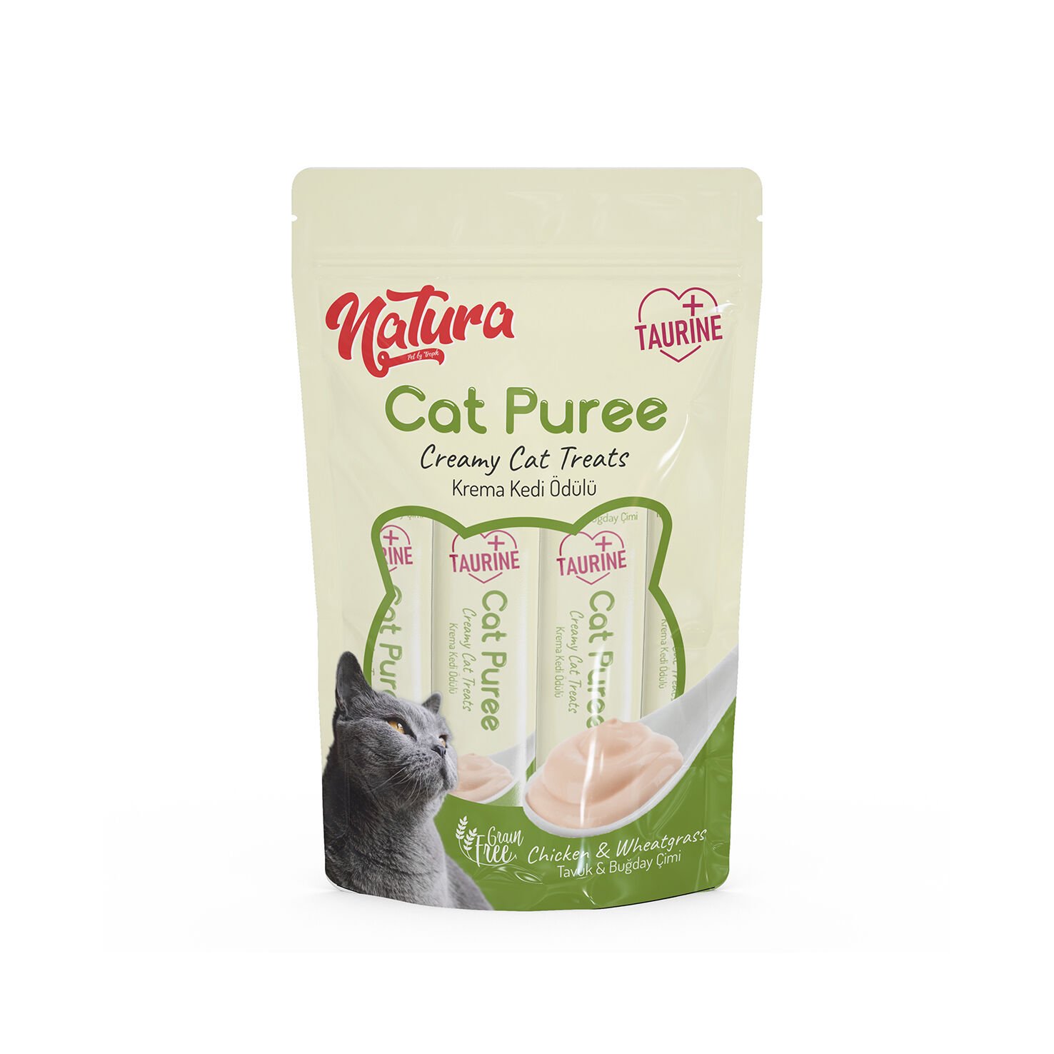 Natura Cat Puree Tavuk & Buğday Çimi 5x12gr