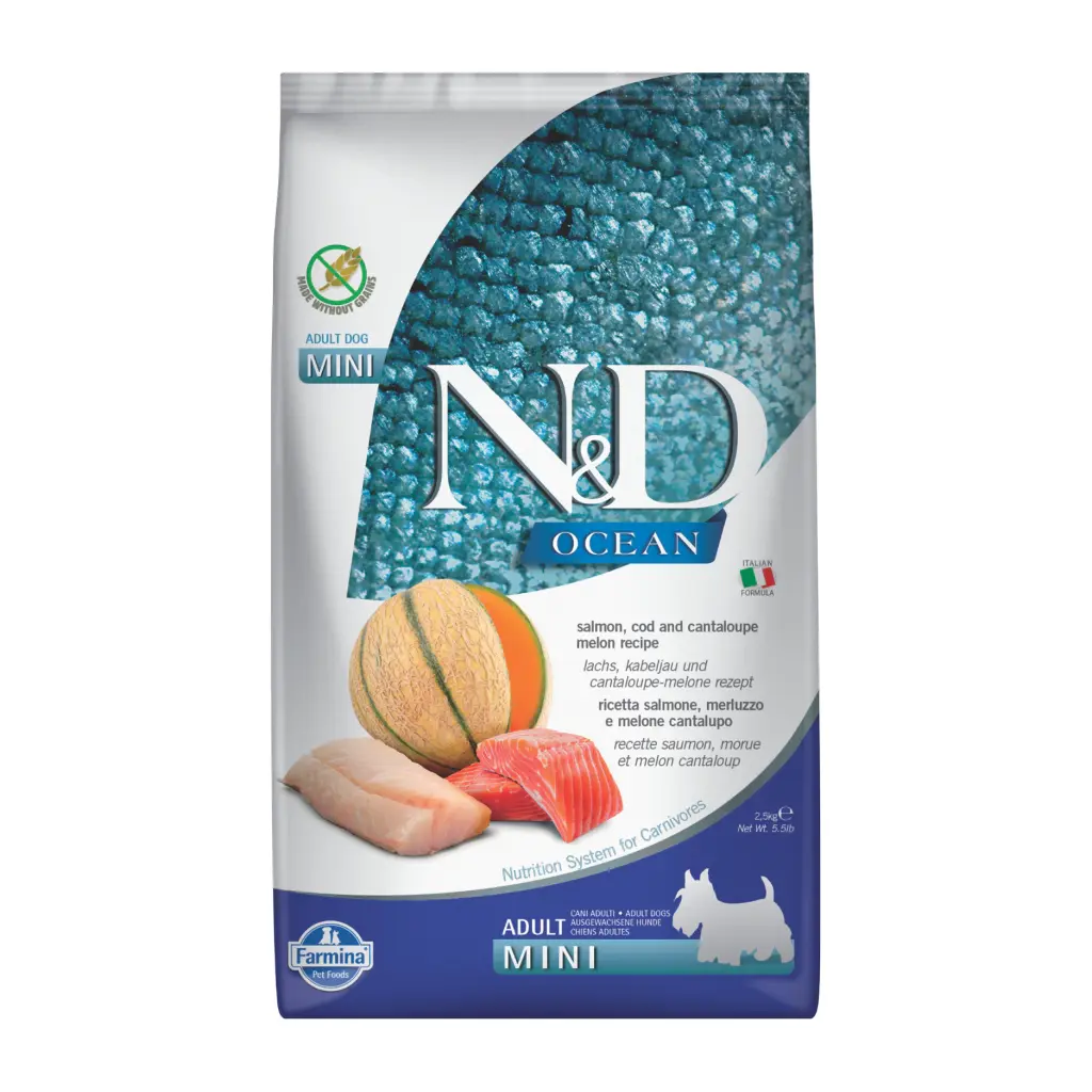 N&D Ocean Somonlu Morina Balıklı ve Kavunlu Tahılsız Mini Irk Yetişkin Köpek Maması 2,5kg
