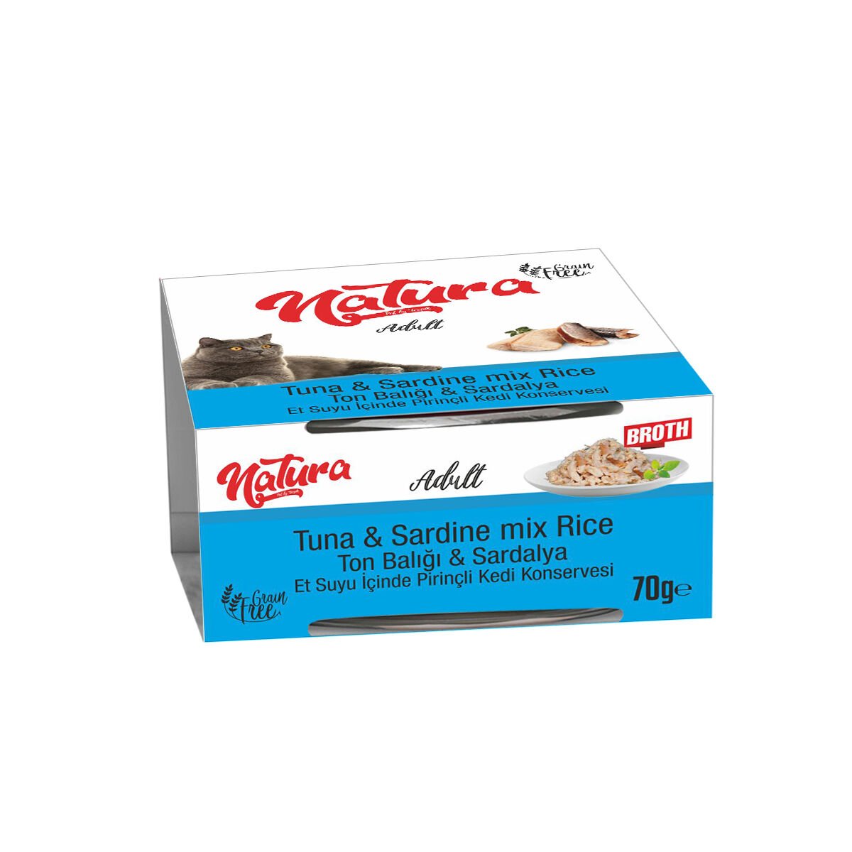 Natura Ton Balığı & Sardalya, Et Suyu İçinde Pirinçli Kedi Konservesi 70 Gr