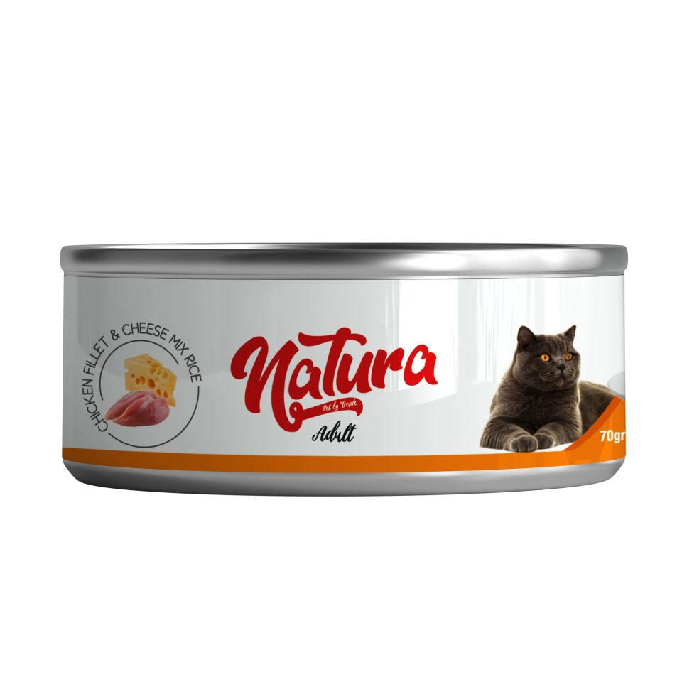 Natura Tavuk Fileto & Peynir, Et Suyu İçinde Pirinçli Kedi Konservesi 70 Gr
