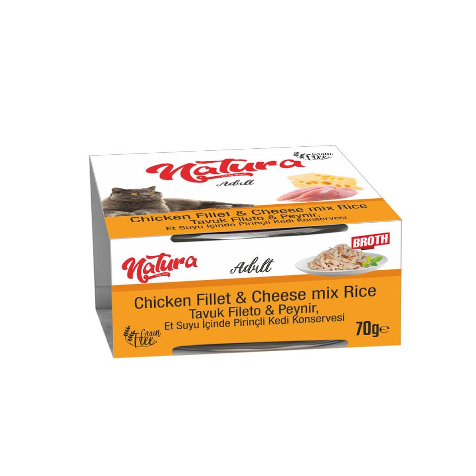 Natura Tavuk Fileto & Peynir, Et Suyu İçinde Pirinçli Kedi Konservesi 70 Gr