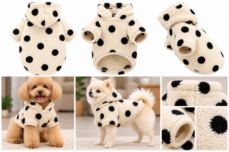 Dotty Teddy Peluş Kapüşonlu Köpek Poları– Siyah Puantiyeli Krem