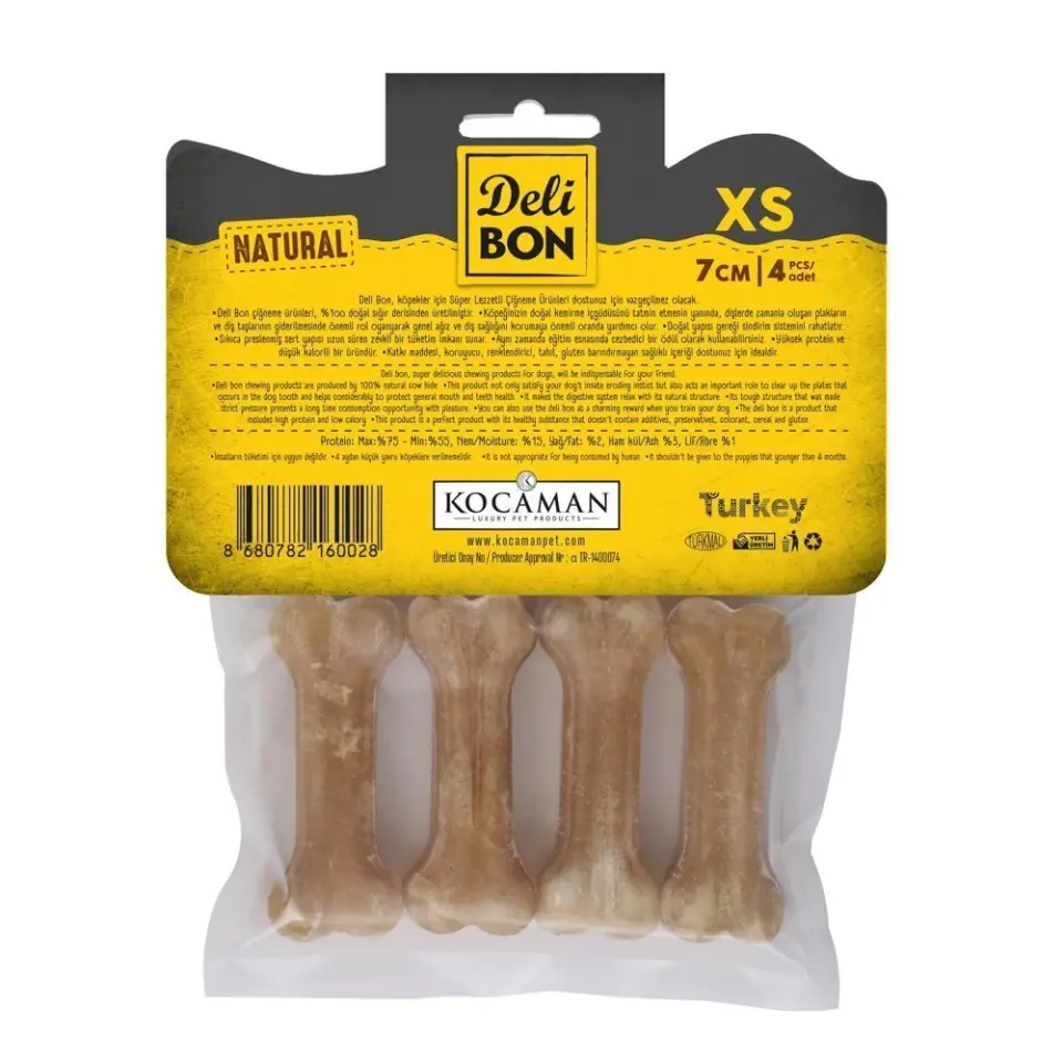 Delibon Deri Pres Çiğneme Kemik 7 Cm Xs Boy 4'lü Naturel Paket