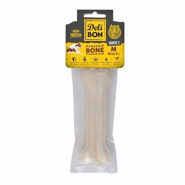 Delibon Beyaz Deri Pres Kemik Köpek Ödülü 15 Cm Medium