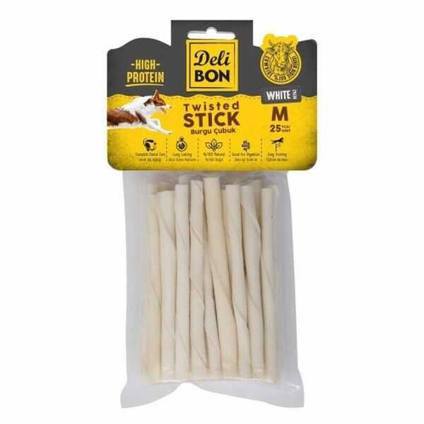 Delibon Beyaz Deri Burgu Çubuk Kemik Köpek Ödülü 25'li Medium