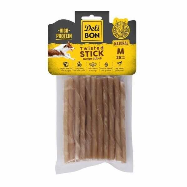 Delibon Natürel Deri Burgu Çubuk Kemik Köpek Ödülü 25'li Medium