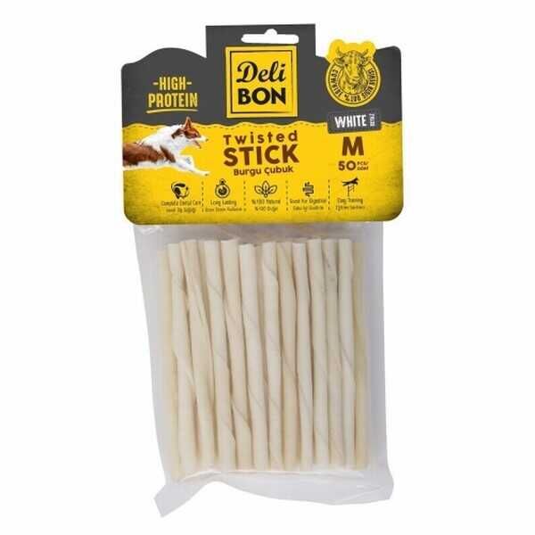 Delibon Beyaz Deri Burgu Çubuk Kemik Köpek Ödülü 50'li Medium