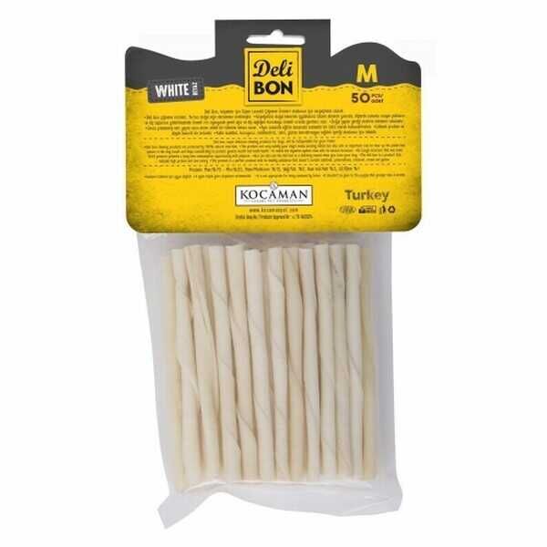 Delibon Beyaz Deri Burgu Çubuk Kemik Köpek Ödülü 50'li Medium