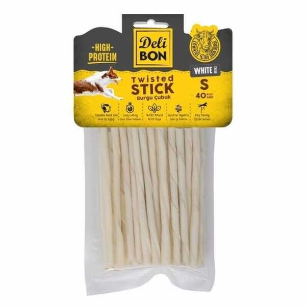 Delibon Beyaz Deri İnce Burgu Çubuk Kemik Köpek Ödülü 40'li Small