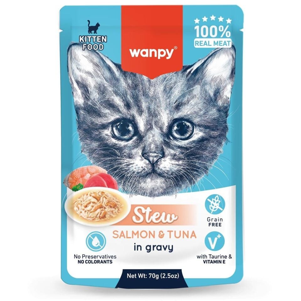 Wanpy Stew Pouch Somon&Ton Balıklı Yaş Yavru Kedi Maması 70g