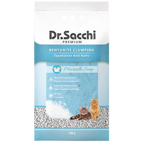 Dr.Sacchi Premium Marsilya Sabunu Kokulu Bentonit İnce Taneli Topaklanan Kedi Kumu 10 Lt