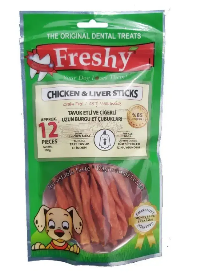 Freshy Chicken & Liver Sticks Tavuk Etli Ciğerli Burgu Çubukları 12`li Paket 100 Gr