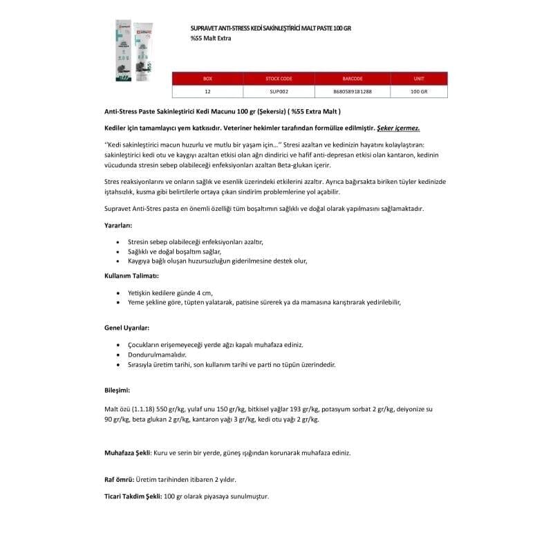 Supravet Anti-Stress Sakinleştirici Şekersiz Malt Kedi Macunu 100gr