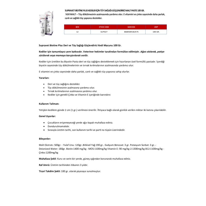 Supravet Biotine Plus Kediler için Tüy Sağlığı Güçlendirici Malt Paste 100 Gr
