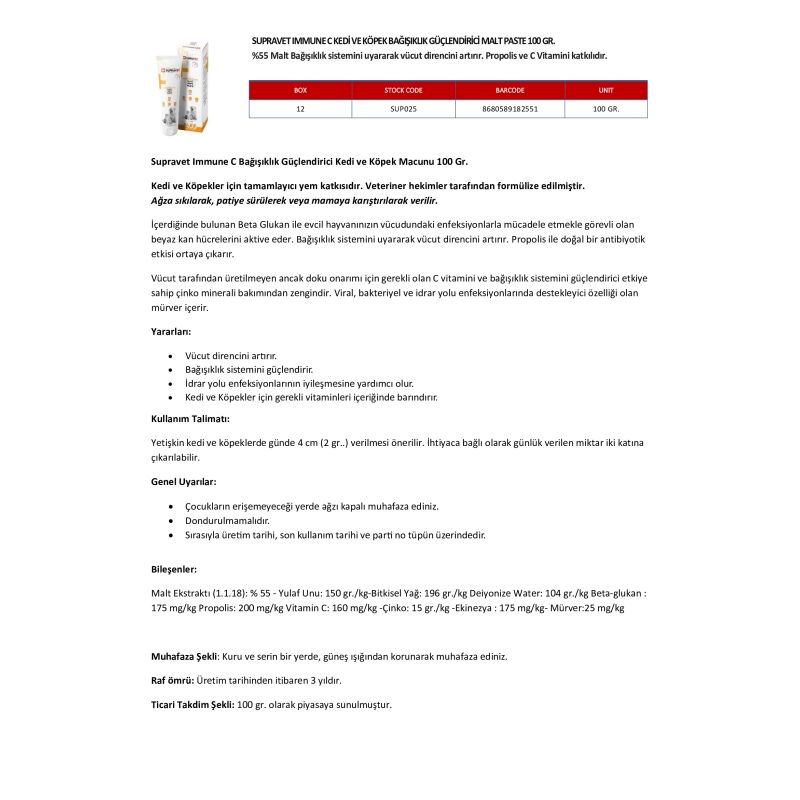 Supravet Immune C Kedi ve Köpek Bağışıklık Güçlendirici Malt Paste 100 Gr