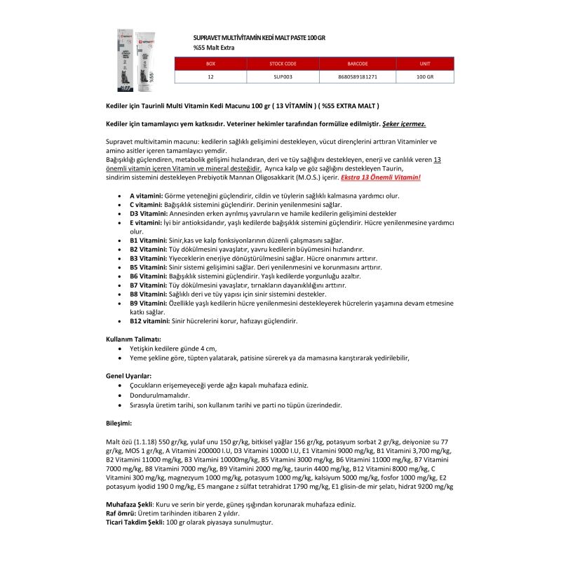 Supravet Kediler için Taurinli Multi Vitamin Kedi Macunu 100 gr ( EXTRA MALT )