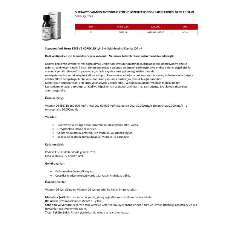 Supravet Calming Anti Stress Kedi ve Köpekler İçin Sıvı Sakinleştirici Damla 100 ml