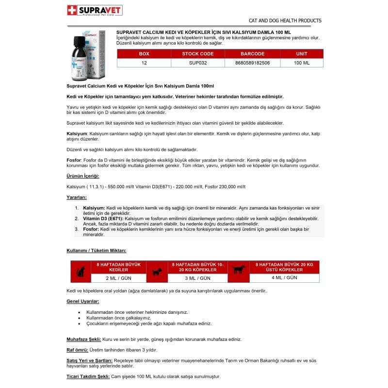 Supravet Calcium Kedi ve Köpekler İçin Sıvı Kalsiyum Damla 100ml
