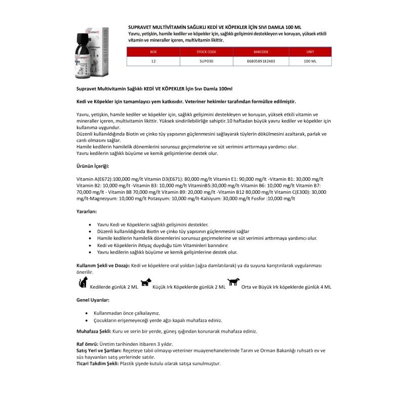 Supravet Multivitamin Sağlıklı Kedi ve Köpekler İçin Sıvı Damla 100ml