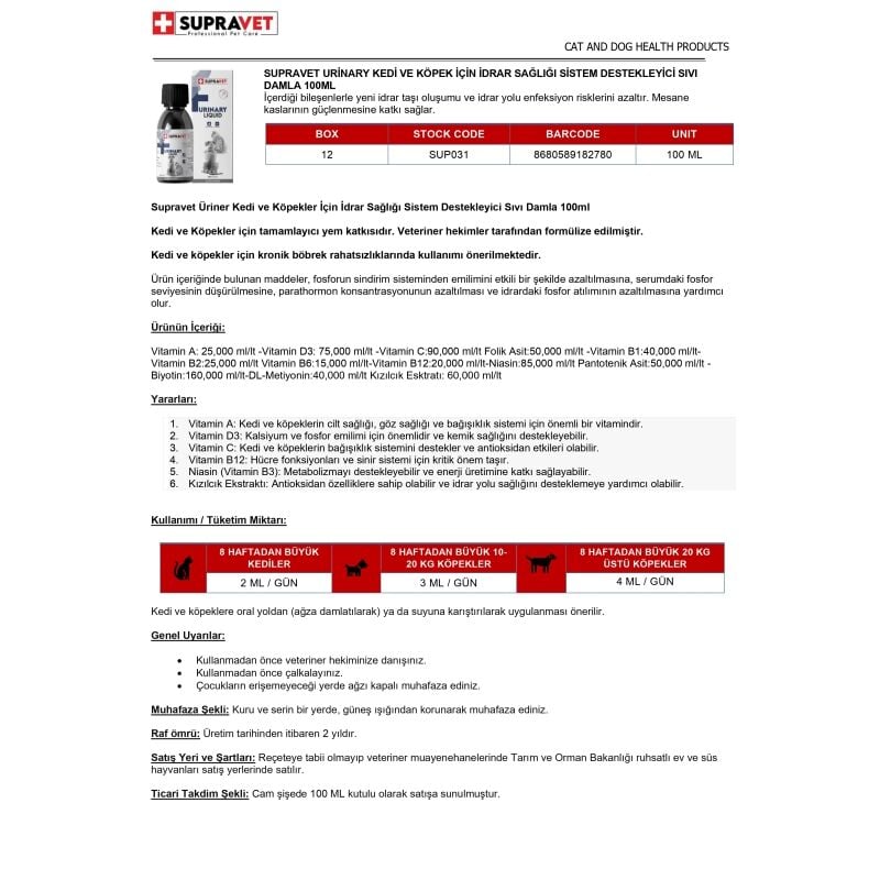 Supravet Urinary Kedi ve Köpek İçin İdrar Sağlığı Sistem Destekleyici Sıvı Damla 100ml