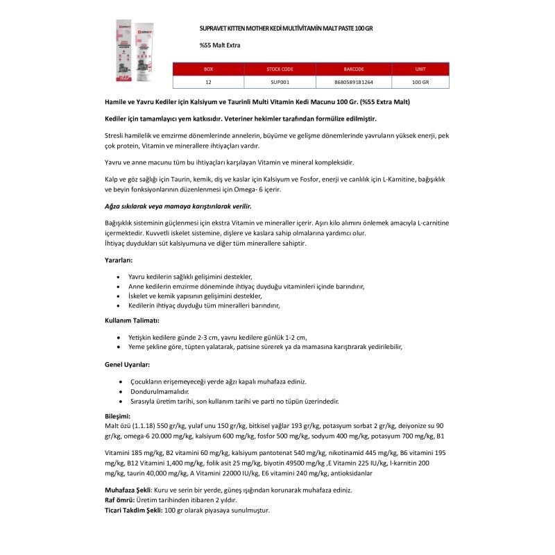 Hamile ve Yavru Kediler için Kalsiyum ve Taurinli Multi Vitamin Kedi Macunu 100 Gr. ( Extra Malt )